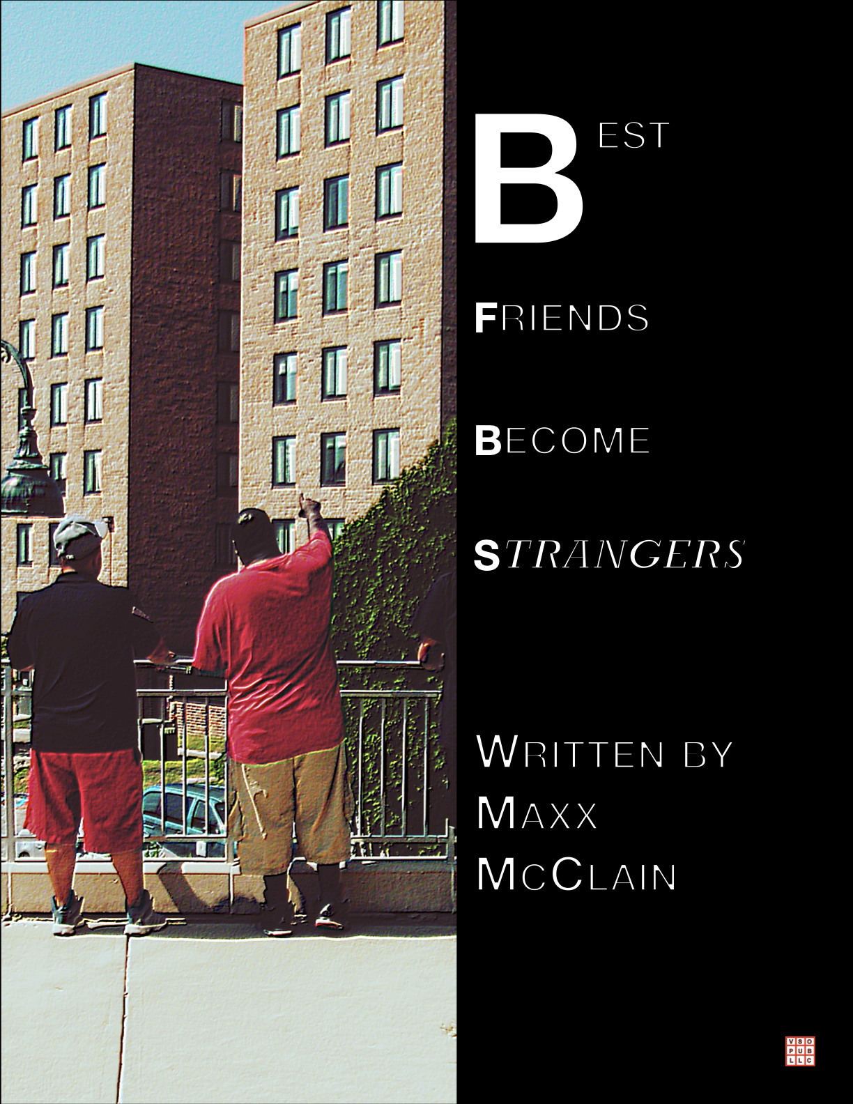 1 dimensional version of the book cover Best Friends Become Strangers. Book cover has picture of author and two of his friends on the left hand side of the cover, while the right hand side has the book title in text.